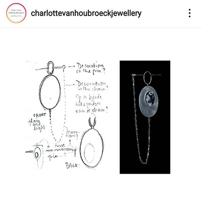 Détails et croquis illustrant la conception de bijoux commémoratif par Charlotte Van Hoebroeck